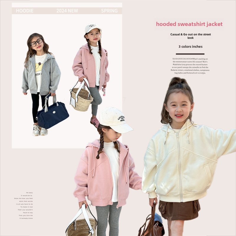 Kids Hooded Sweatshirt Jacket Spring 2024 Casual Solid Zip-Up Gray - Image 3