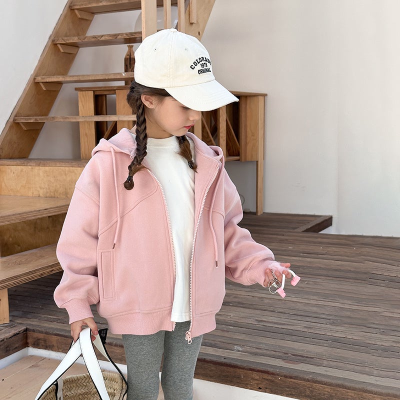 Kids Hooded Sweatshirt Jacket Spring 2024 Casual Solid Zip-Up Gray - Image 2