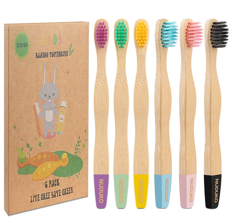 NUDUKO Bamboo Kids Toothbrushes 6 Pack Soft Bristle Organic Compostable BPA Free Toothbrush for Kids Toddler Baby Tooth Brush Eco Friendly Natural Biodegradable Wooden Toothbrush
