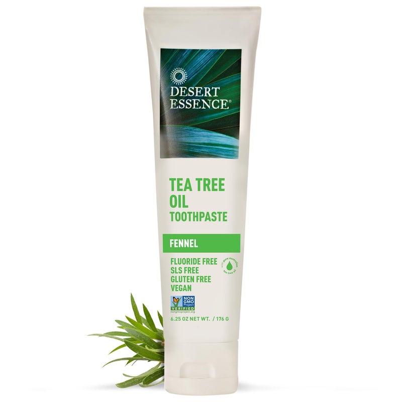 Desert Essence Tea Tree Oil Fennel Toothpaste 625 oz Fluoride Free Gluten Free Vegan NonGMO Oral Care with Baking Soda Sea Salt for Healthy Teeth Gums Fresh Breath