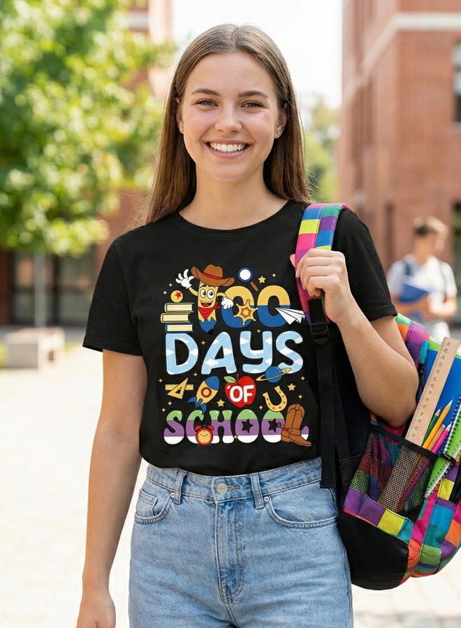 Frizty 100 Days of School Shirt: Women 100th Day of School Shirts Teacher Funny Graphic Cute Tee Tops, Black, XL - Image 4