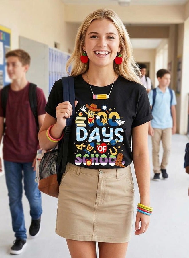 Frizty 100 Days of School Shirt: Women 100th Day of School Shirts Teacher Funny Graphic Cute Tee Tops, Black, XL - Image 2