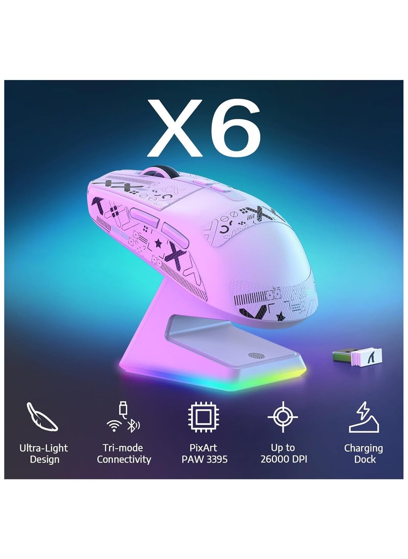 Attack Shark - ATTACK SHARK X6 49g Superlight Wireless Gaming Mouse with Magnetic RGB Charging Dock,BT/2.4GHz Wireless/Wired Mouse,PixArt PAW3395 Sensor, 26000DPI, Griptape, 200Hrs Battery for Win/Mac (White) - Image 1
