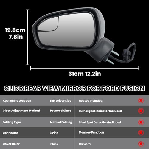 Clidr Driver Side Mirror Compatible with 2016 2017 2018 2019 2020 2021 2022 Ford Fusion Non-Heated Manual Folding Rear View Mirror Replace FS7Z-17683-B Black 3 Pins - Image 3
