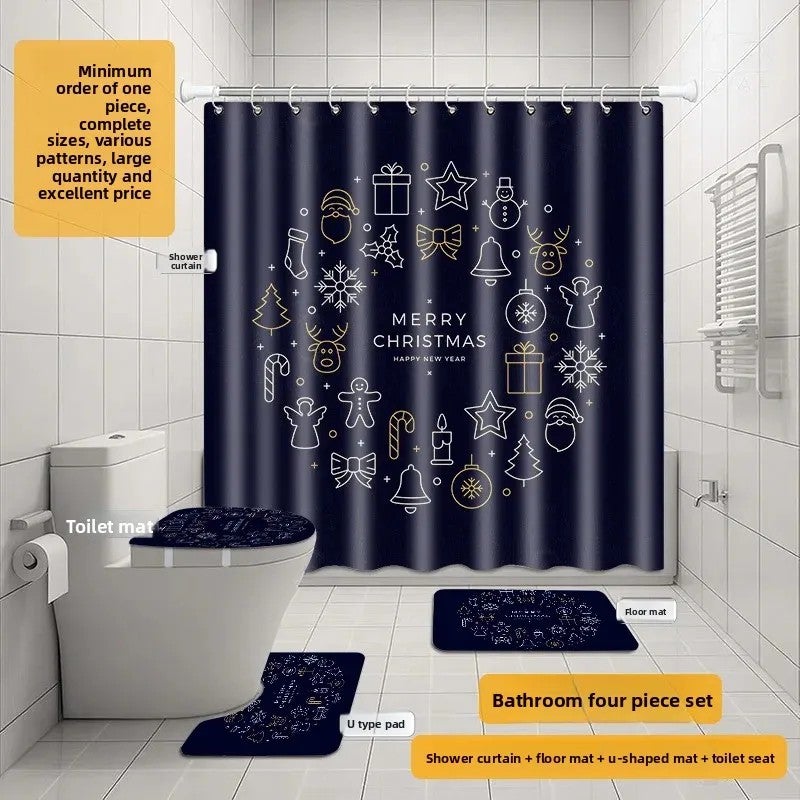 Y&D Christmas Decorations Four-Piece Bathroom Set Absorbent Door Mat Shower Curtain Floor Mat Printed New Year Design for Bedroom - Image 3