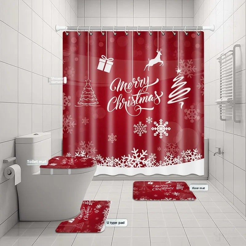 Y&D Christmas Decorations Four-Piece Bathroom Set Absorbent Door Mat Shower Curtain Floor Mat Printed New Year Design for Bedroom - Image 5
