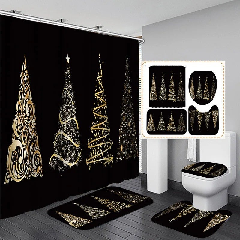 Y&D Christmas Decorations Four-Piece Bathroom Set Absorbent Door Mat Shower Curtain Floor Mat Printed New Year Design for Bedroom - Image 1