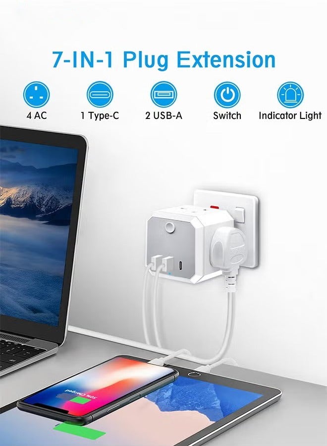 HOMESTAR Multi Plug Extension Adaptor with 3 USB, Cube Extension with USB C Slots 3.1A Fast Charge, Multi USB Plug, 4 Way Plug Adapter UK 13A Switched 6 in 1 Extender for Home, Office, Travel, Kitchen, White  - Image 4