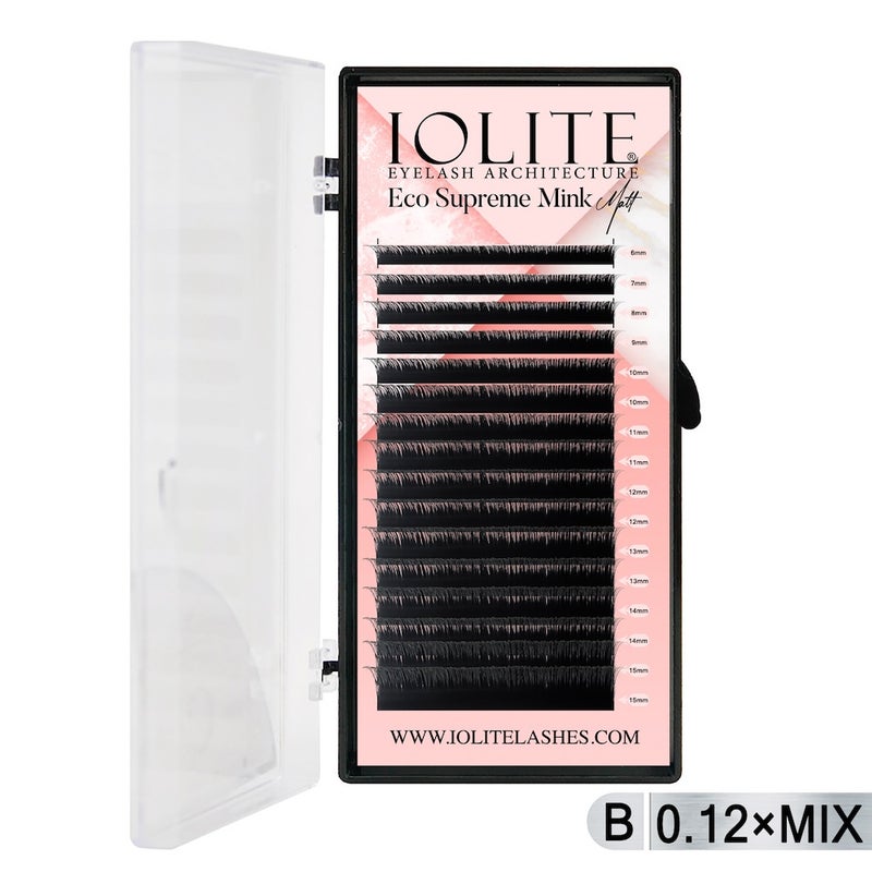 Iolite Eco Supreme Mink Matt Lash Extension Tray B - Curl - 0.12T (6mm–15mm) – Matt Finish, Premium Eco-Friendly Eyelashes for Lash Artists ISMMB12T - Mix1