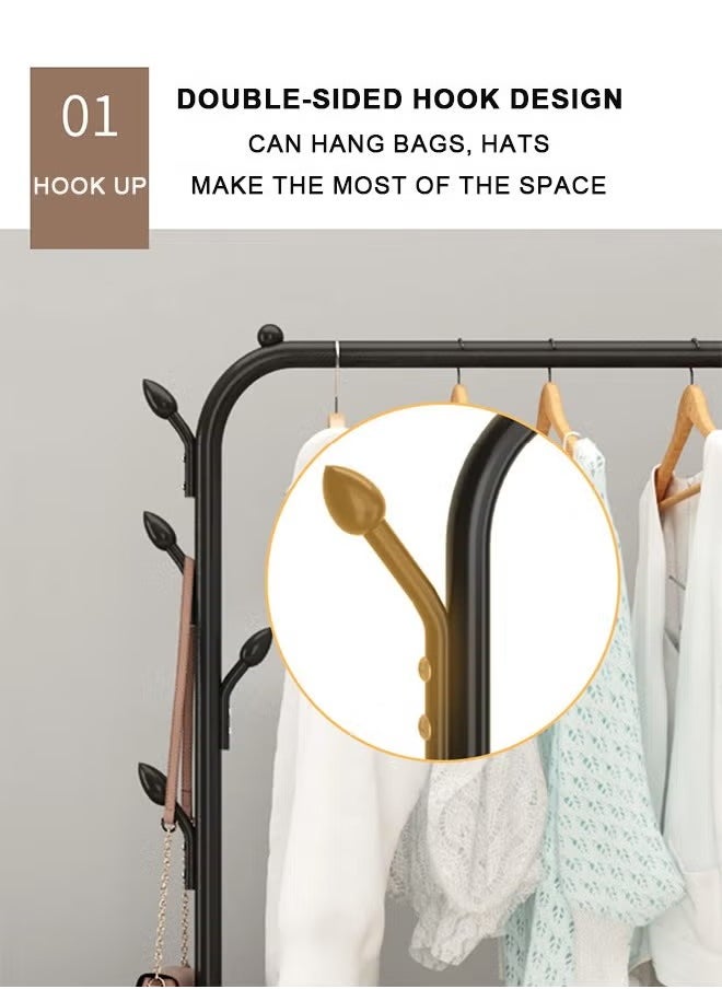 BLOOMING TIME Hanger Rod And Shoe Rack 2 In 1, With Hook To Hang Bags And Hats, Black  - Image 2