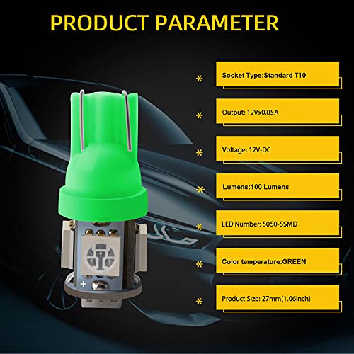 YM EBright EverBright T10 194 168 2825 W5W 5050 5SMD LED Bulb for Car Replacement Interior Lights Wedge Dome, Trunk, Dashboard Bulb License Plate Light Lamp DC 12V,Green (Pack of 20) - Image 4