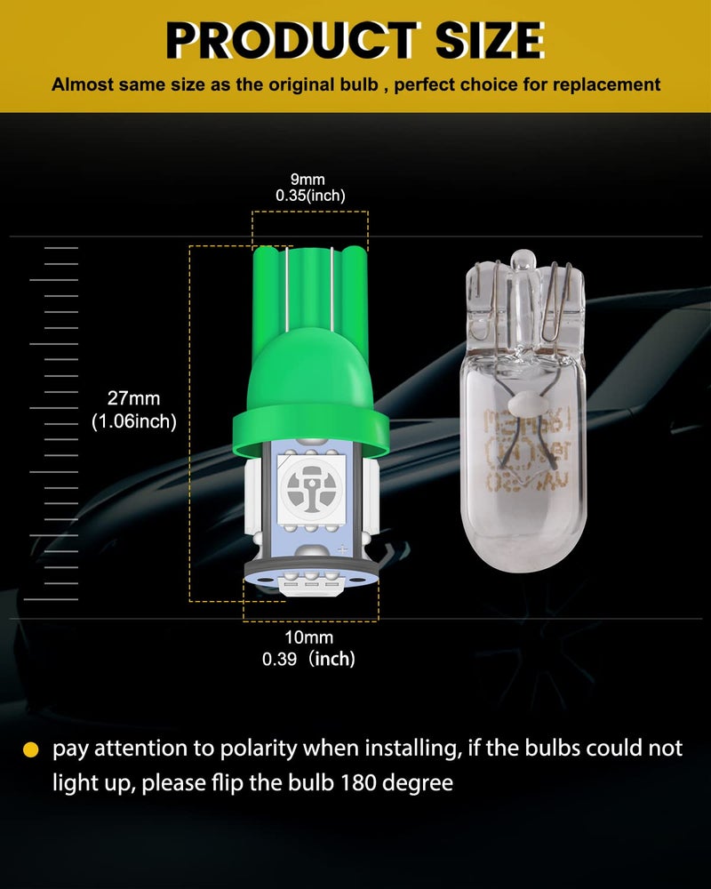 YM EBright EverBright T10 194 168 2825 W5W 5050 5SMD LED Bulb for Car Replacement Interior Lights Wedge Dome, Trunk, Dashboard Bulb License Plate Light Lamp DC 12V,Green (Pack of 20) - Image 5