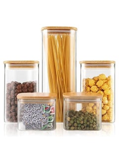HOPHOP 5 Pcs Glass Jars with Bamboo Lids, Airtight High Borosillicate Container, Multi Sizes Clear Food Storage Canisters Sets for Bean, Spaghetti, Pasta Cereal & Herbs  - Image 1