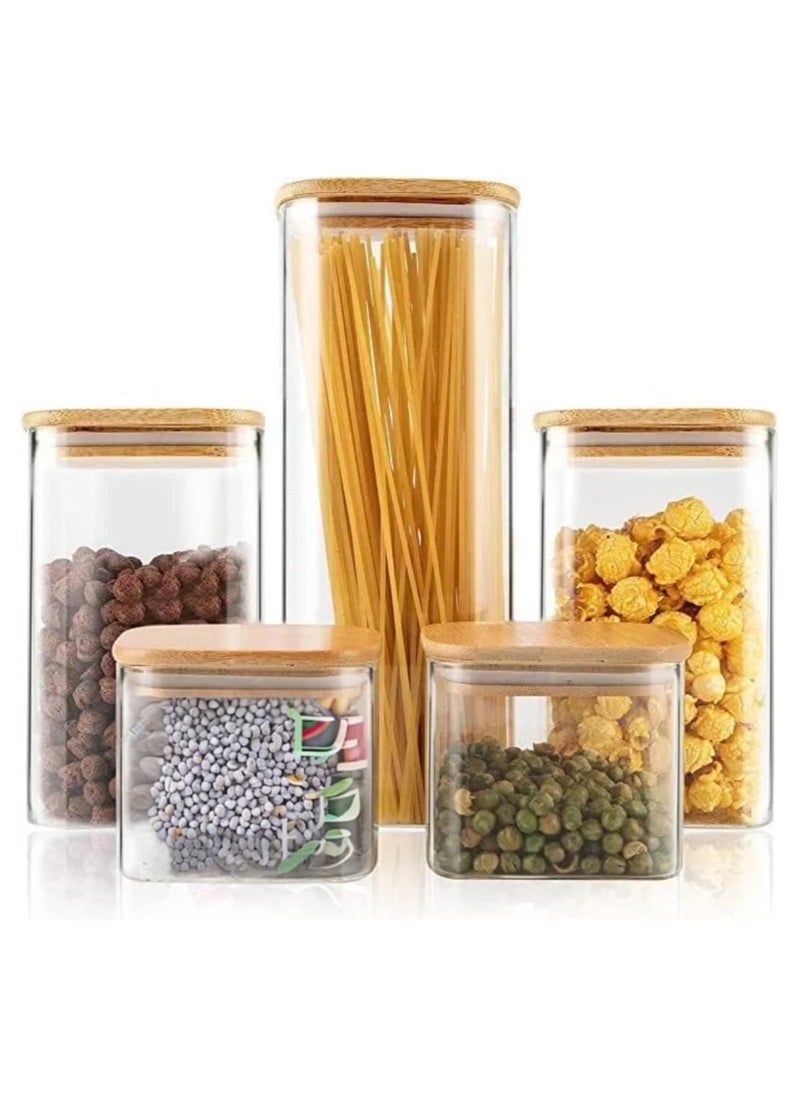 HOPHOP - 5 Pcs Glass Jars with Bamboo Lids, Airtight High Borosillicate Container, Multi Sizes Clear Food Storage Canisters Sets for Bean, Spaghetti, Pasta Cereal & Herbs - Image 1