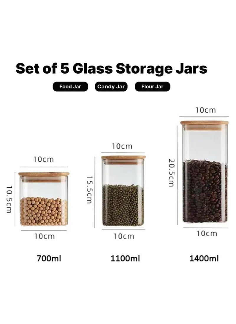 HOPHOP - 5 Pcs Glass Jars with Bamboo Lids, Airtight High Borosillicate Container, Multi Sizes Clear Food Storage Canisters Sets for Bean, Spaghetti, Pasta Cereal & Herbs - Image 1