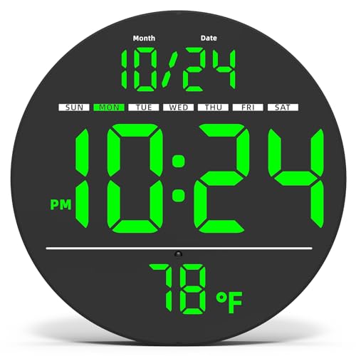 XUANZIT Digital Wall Clock with Large LED Display, Date, Temperature, Auto-Brightness | Small [PLUG-IN] Clock | Modern Electric Wall Clock for Bedroom, Classroom, Living Room, Home, Office, Farmhouse – Green - Image 1