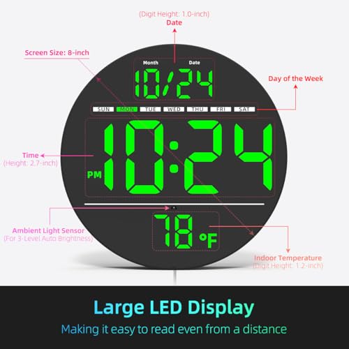 XUANZIT Digital Wall Clock with Large LED Display, Date, Temperature, Auto-Brightness | Small [PLUG-IN] Clock | Modern Electric Wall Clock for Bedroom, Classroom, Living Room, Home, Office, Farmhouse – Green - Image 2