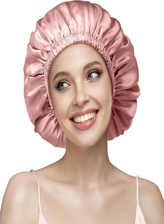AUM ENTERPRISE Goldfizz Double Layered 100% Silk Bonnet for Sleeping Women & Men, Comfortable On Head, Reduce Frizz, Hairstyle, Soft & Breathable Satin Lined Hair Bonnet Sleep Shower Cap for Natural & Curly Hair.(Pink) - Image 1