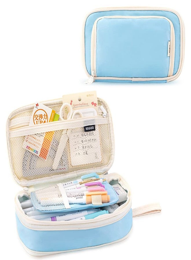 iSuperb Big Capacity Pencil Case Large Pencil Pouch Portable Pen Bag with 2 Compartments Light Blue Pen Organizer for School Teen Boys Girls Men Women - Image 1