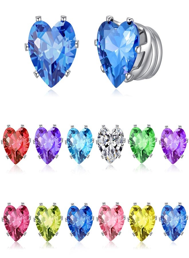 Spiritlele 12 Pairs Birthstone Magnetic Earrings Set Cubic Zirconia Clip on Non Piercing Fake Stud Earrings Birthday Gifts Unisex (Love) - Image 1