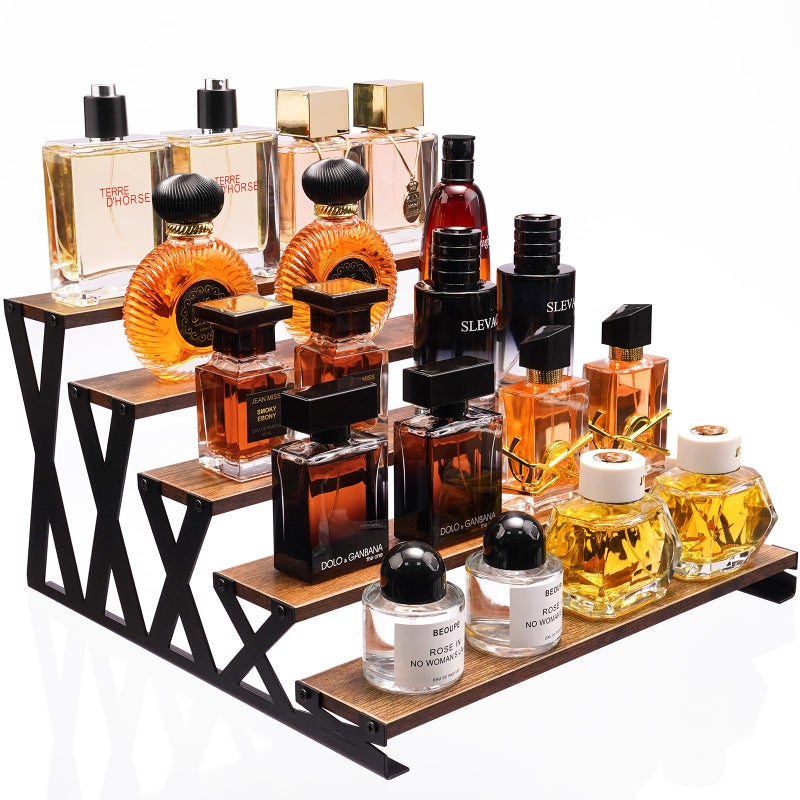 KALYLOC 5 Tier Wooden Display Riser Stand 13.8 Inch Metal Step Perfume Stand Organizer Tabletop Tiered Display Shelf Rack for Cologne Cupcake Spice Figures Cosmetics Candles (Brown, X-Shape) - Image 1