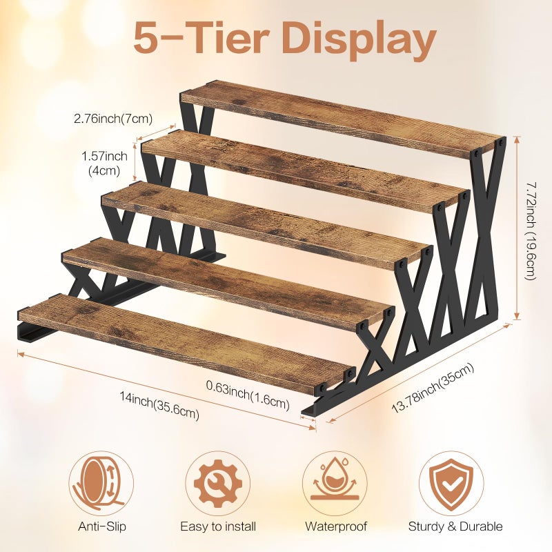 KALYLOC 5 Tier Wooden Display Riser Stand 13.8 Inch Metal Step Perfume Stand Organizer Tabletop Tiered Display Shelf Rack for Cologne Cupcake Spice Figures Cosmetics Candles (Brown, X-Shape) - Image 3