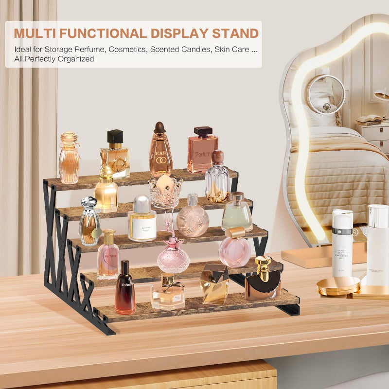 KALYLOC 5 Tier Wooden Display Riser Stand 13.8 Inch Metal Step Perfume Stand Organizer Tabletop Tiered Display Shelf Rack for Cologne Cupcake Spice Figures Cosmetics Candles (Brown, X-Shape) - Image 2