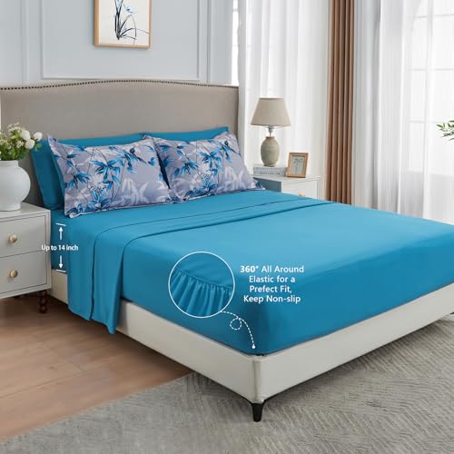 LXWORX King Size Comforter Set Blue - 7 Pieces Bed in a Bag Botanical Bamboo Leaf Pattern Bedding Set, Soft Lightweight Microfiber King Bed Set with Comforter and Sheets for All Season (Blue,King) - Image 5