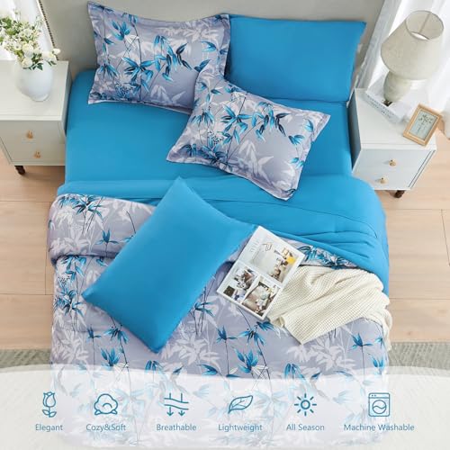 LXWORX King Size Comforter Set Blue - 7 Pieces Bed in a Bag Botanical Bamboo Leaf Pattern Bedding Set, Soft Lightweight Microfiber King Bed Set with Comforter and Sheets for All Season (Blue,King) - Image 3