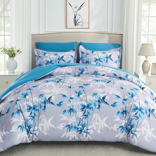 LXWORX King Size Comforter Set Blue - 7 Pieces Bed in a Bag Botanical Bamboo Leaf Pattern Bedding Set, Soft Lightweight Microfiber King Bed Set with Comforter and Sheets for All Season (Blue,King) - Image 1