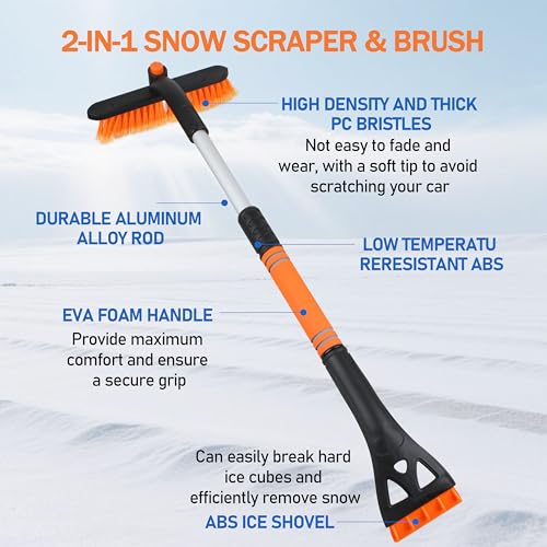 CNGGV 30.7" Snow Brush and Ice Scrapers for Car Windshield Detachable Snow Scrapers with Foam Grip 360° rotatable for Cars, Trucks, SUVs 1Pcs Orange - Image 4