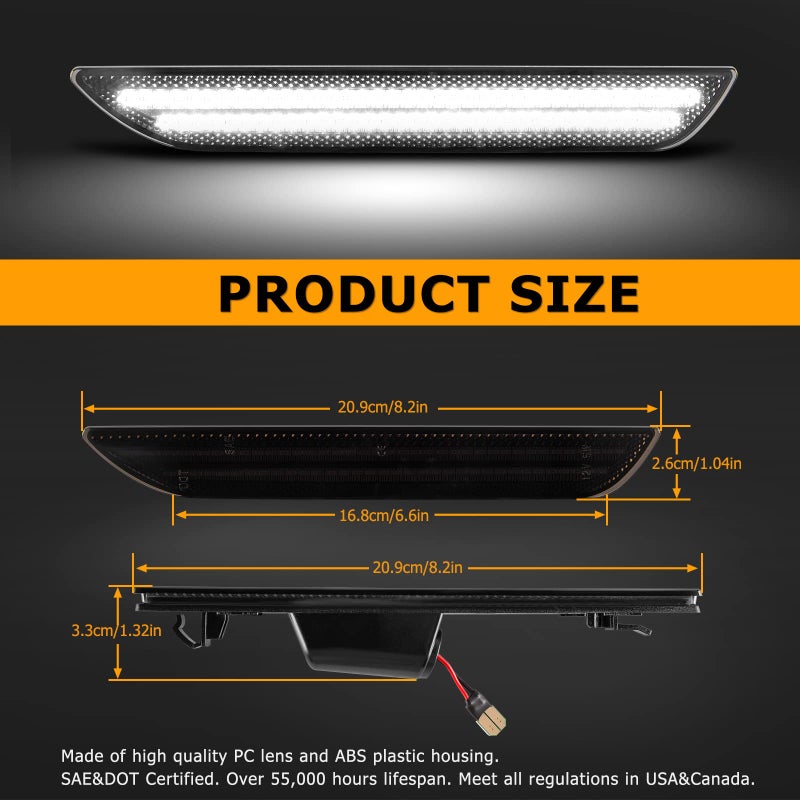 Gempro LED Side Marker Lights for Ford Mustang 2015-2023 Rear White Fender Marker Reflectors Lamps Smoked Len, 2PCS - Image 3