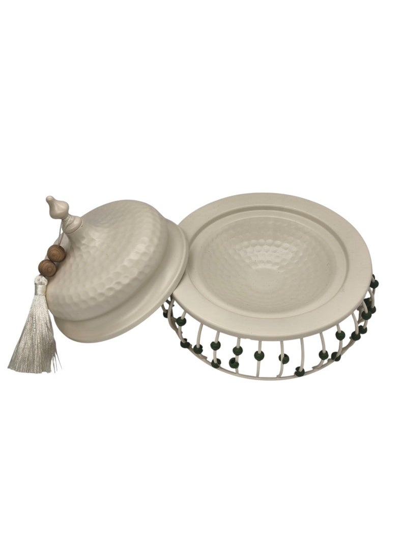 AKDC Metal Tajine with Lid 15cm*16cm, White with Green Beads - Image 2