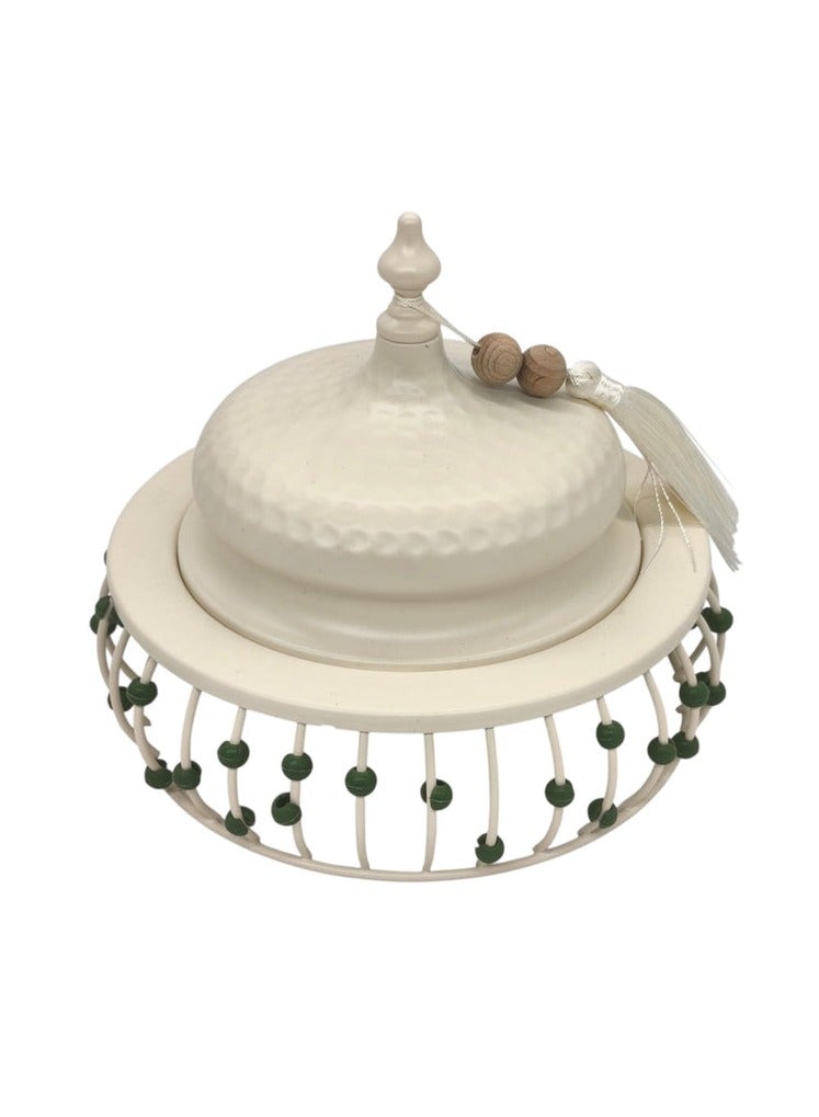 AKDC Metal Tajine with Lid 15cm*16cm, White with Green Beads - Image 1