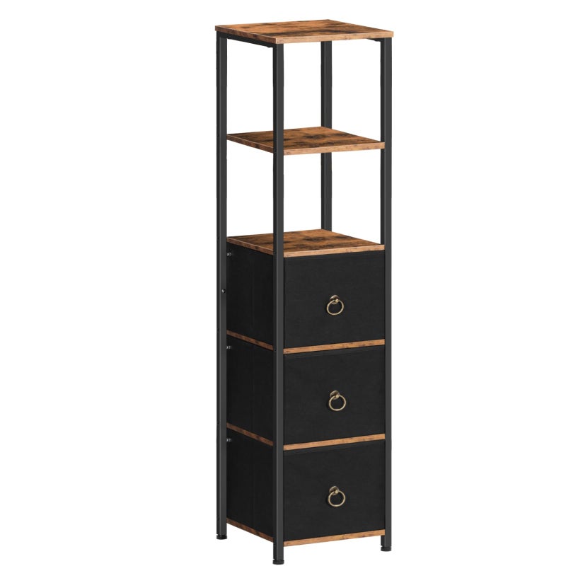 HOOBRO Tall Bathroom Cabinet Narrow Corner Storage Cabinet Slim Corner Shelf Unit with 3 Fabric Drawers and 2 Open Shelves Narrow Storage Unit for Living Room Rustic Brown and Black EBF140CW01