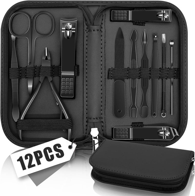 12Pcs Manicure Set for Women Men Manicure Pedicure Tools Accessories Professional Nail Kit Manicure Set Nail Cleaning Kit for Home Nail Grooming Kit with Black Leather Travel Bag