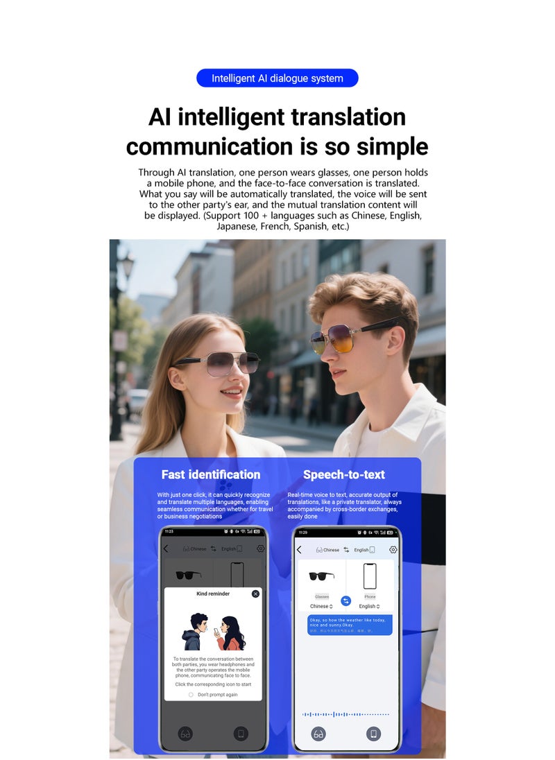 Generic Ai Translation Bluetooth Glasses Multi-Language Real-Time Translation Glasses Listen To Music And Make Calls Smart Uv-Proof Sunglasses  - Image 5
