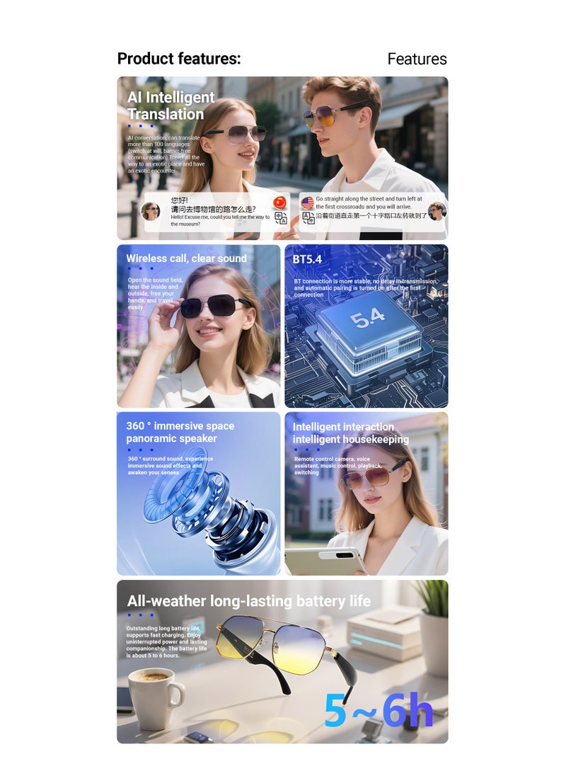 Generic Ai Translation Bluetooth Glasses Multi-Language Real-Time Translation Glasses Listen To Music And Make Calls Smart Uv-Proof Sunglasses  - Image 3
