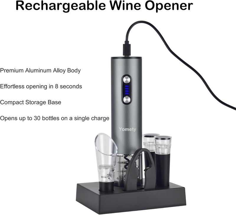Yomety Electric Wine Opener, Rechargeable Wine Opener Set with Foil Cutter, Wine Aerator, Vacuum Stopper and Storage Base, Ideal Wine Accessories for Wine Lovers, Perfect Wine Gifts - Image 4