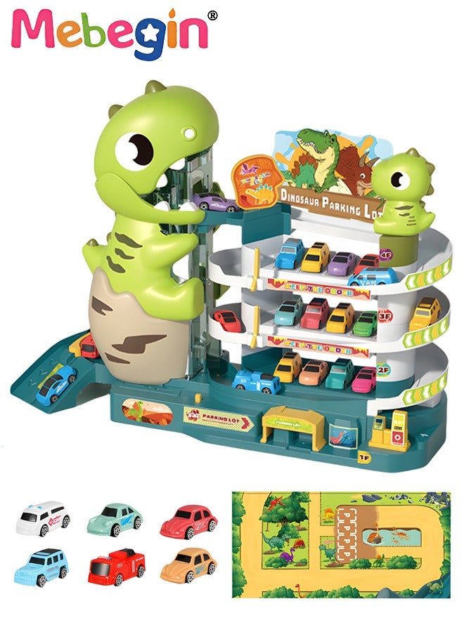 MEBEGIN Parking Lot Car Garage Vehicle Playsets,Dinosaur Shape with Sound Light Include 6 Mini Cars and Map, Track Play Vehicle Set Gift for 3 4 5 6 Year Old Boys Girls - Image 1