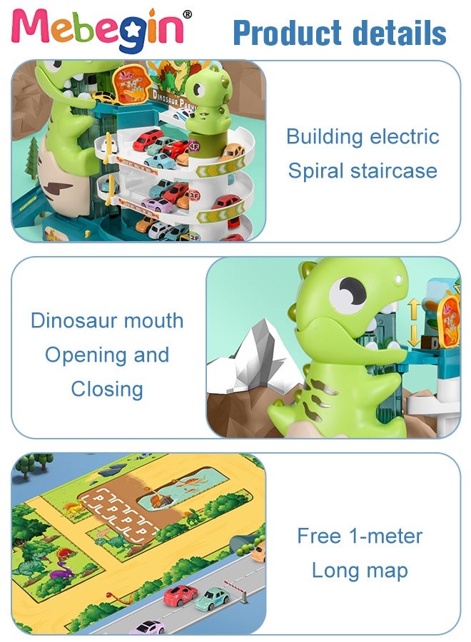 MEBEGIN Parking Lot Car Garage Vehicle Playsets,Dinosaur Shape with Sound Light Include 6 Mini Cars and Map, Track Play Vehicle Set Gift for 3 4 5 6 Year Old Boys Girls - Image 3