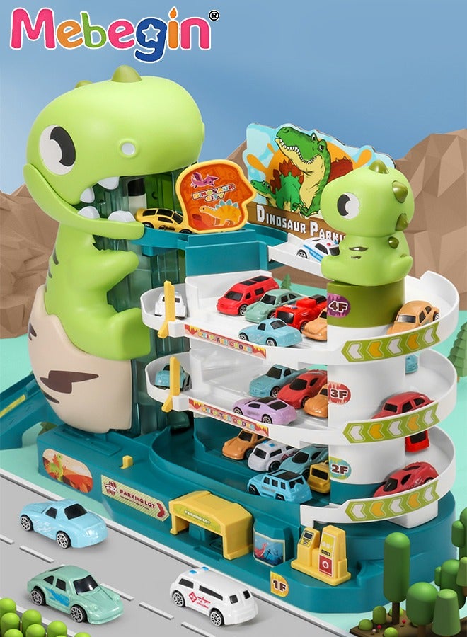 MEBEGIN Parking Lot Car Garage Vehicle Playsets,Dinosaur Shape with Sound Light Include 6 Mini Cars and Map, Track Play Vehicle Set Gift for 3 4 5 6 Year Old Boys Girls - Image 2