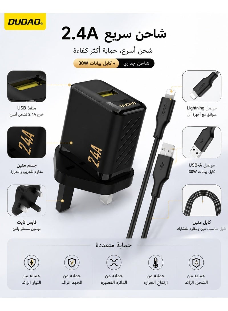 DUDAO Fast Charger USB Power Adapter, with Lighting Cable, with Smart Chip, 9-Layer Safety Protection, Low Temperature Charging, Global Voltage (100-240V), Compact Wall Charger for iPhone, Samsung, iPad, AirPods, Switch - Image 2