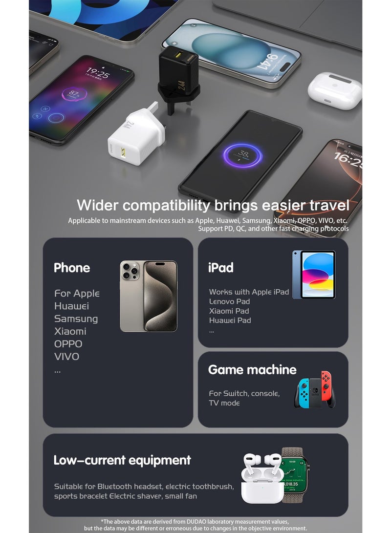 DUDAO Fast Charger USB Power Adapter, with Lighting Cable, with Smart Chip, 9-Layer Safety Protection, Low Temperature Charging, Global Voltage (100-240V), Compact Wall Charger for iPhone, Samsung, iPad, AirPods, Switch - Image 5