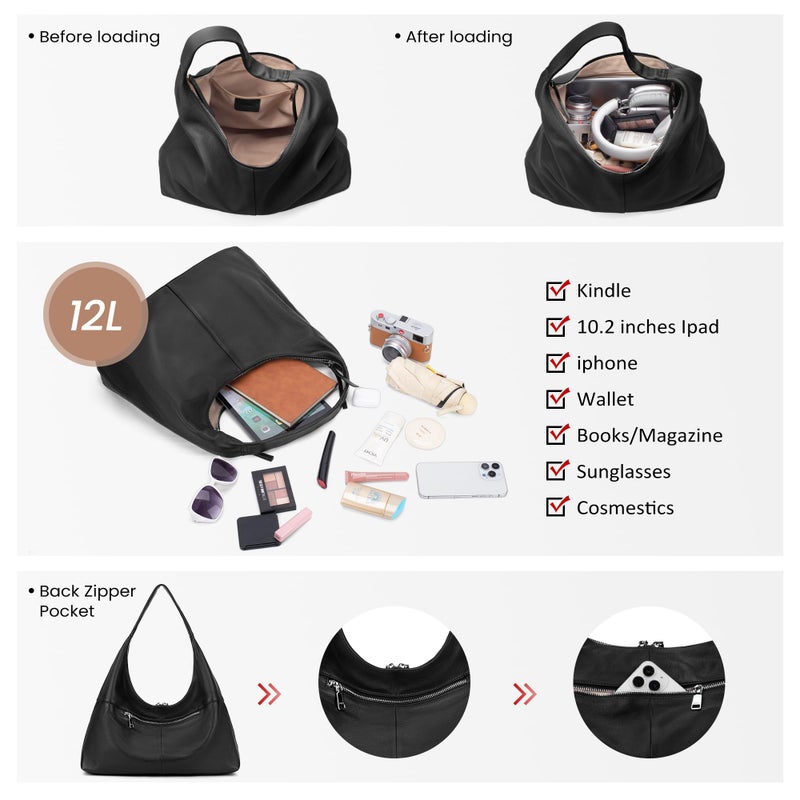 befen Leather Slouchy Hobo Bags for Women, Ultra Soft Full Grain Leather Large Tote Bag,Lightweight Tote Purses Foldable Black Shoulder Handbag, Oversized Hobo Bags for Women Work Travel - Image 5