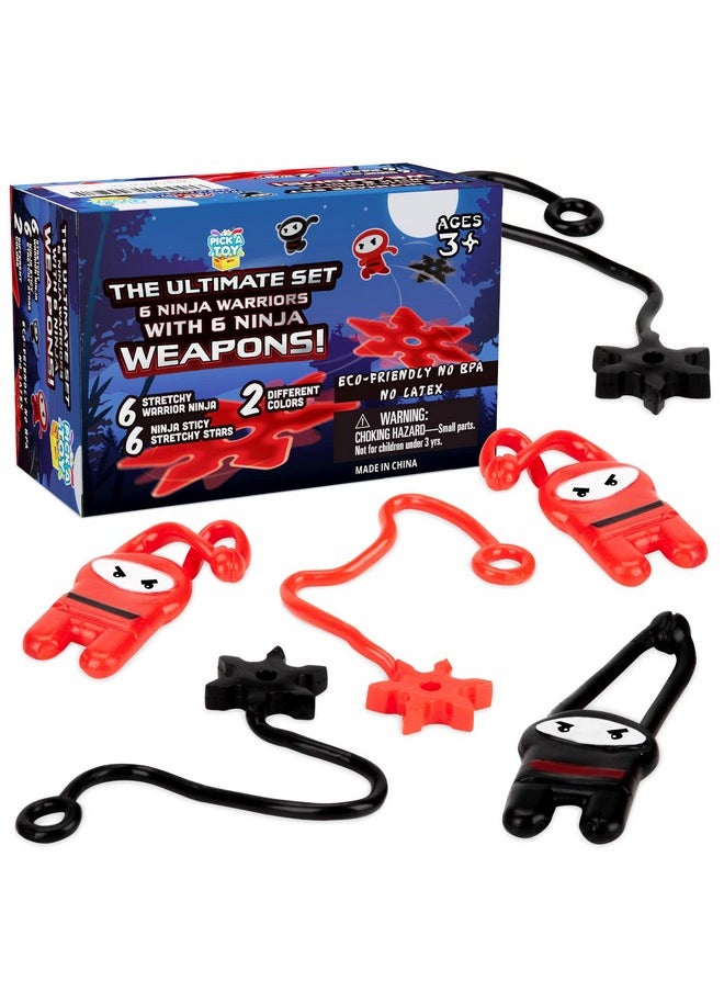 Pick A Toy - 12 Pc. Ninja Toys Set With Stretchy Flying Ninjas And Colorful Throwing Stars Slingshots, Flexible And Sticky Elastic, Fun Birthday Party Favors For Boys And Girls - Image 1