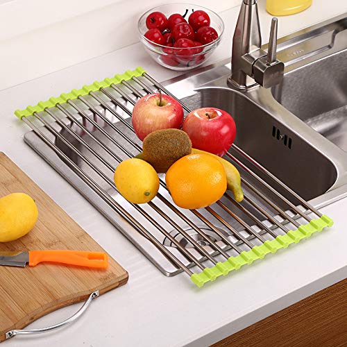 pepplo® Dish Drying Rack 18.5" x 8", Over Sink Roll Up Large Dish Drainers Rack, Multipurpose Foldable Kitchen Sink Rack Mat Stainless Steel s for Dishes, Cups, Fruits Vegetables (Green) - Image 4
