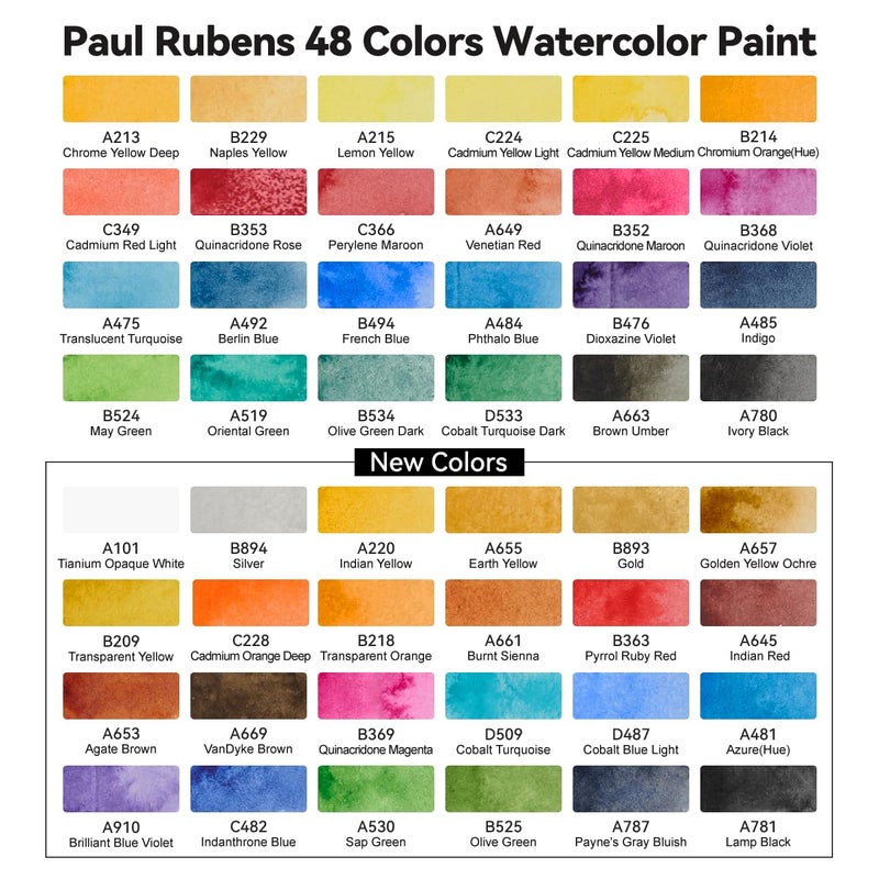 Paul Rubens Artist Watercolor Paint Set,48 Vibrant Colors in Portable Box, Great Lightfastness, Perfect Travel Professional Watercolor Set for Artists, Beginners, Adults - Image 3