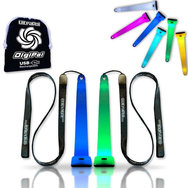UltraPoi Digi Poi Set  Rechargeable Light Up Glow Sticks  LED Light Sticks for Party Wedding Rave Concerts  Camping  Customizable Wearable Glow Stick with Lanyard Clip  Rainbow Effects