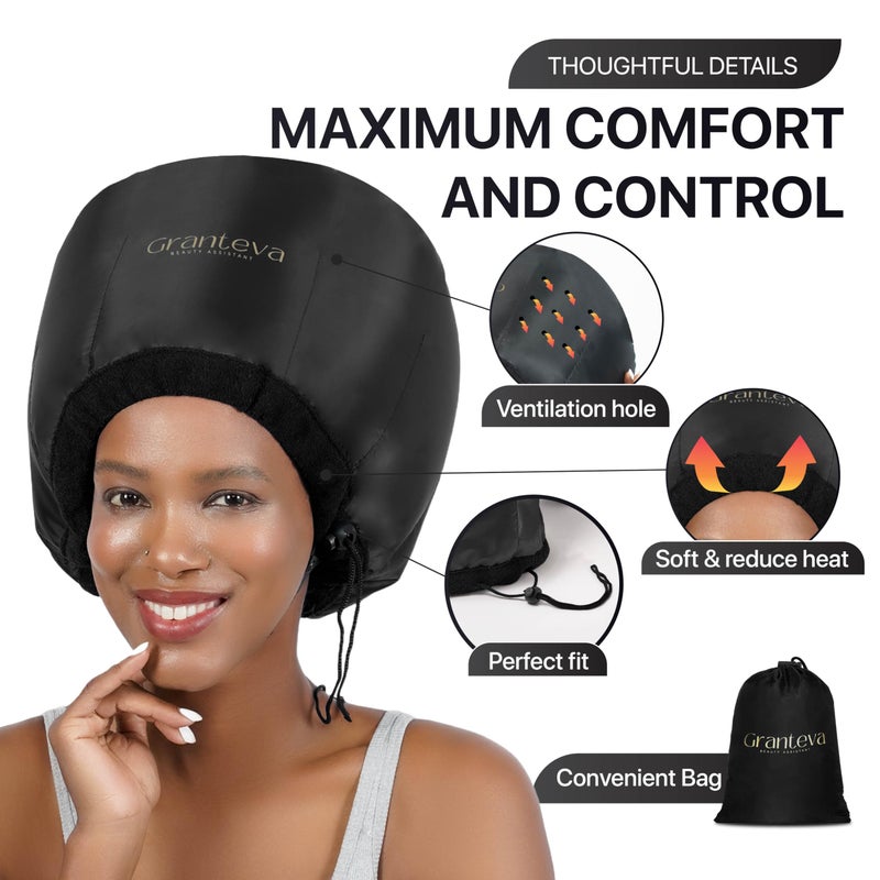 Granteva Hooded Hair Dryer Attachment w/A Headband Integrated That Reduces Heat Around Ears & Neck - Hair Dryer Hooded Diffuser Cap for Curly, Speeds Up Drying Time, Deep Conditioning At Home - Portable, Large - Image 2